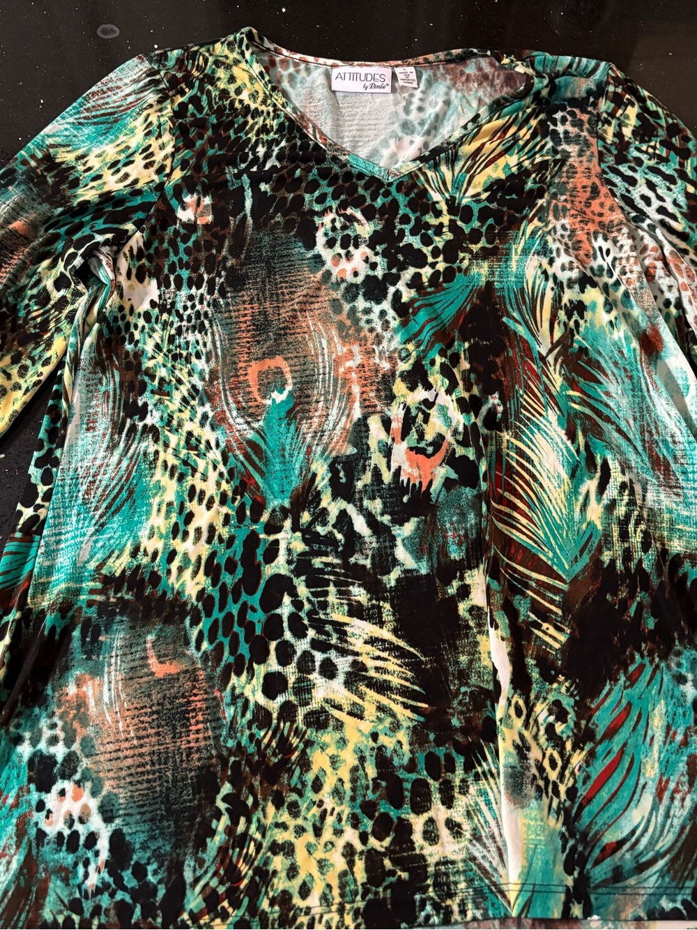 Attitudes by Renee Teal Multi V-Neck Print Top